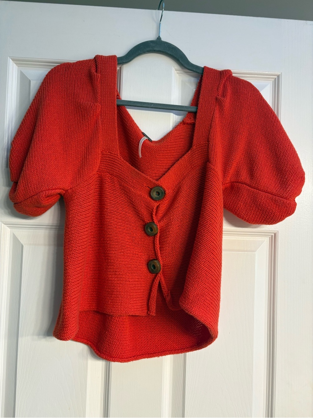 Free People Red Button-Front Crop Knit Top with Puff Sleeves